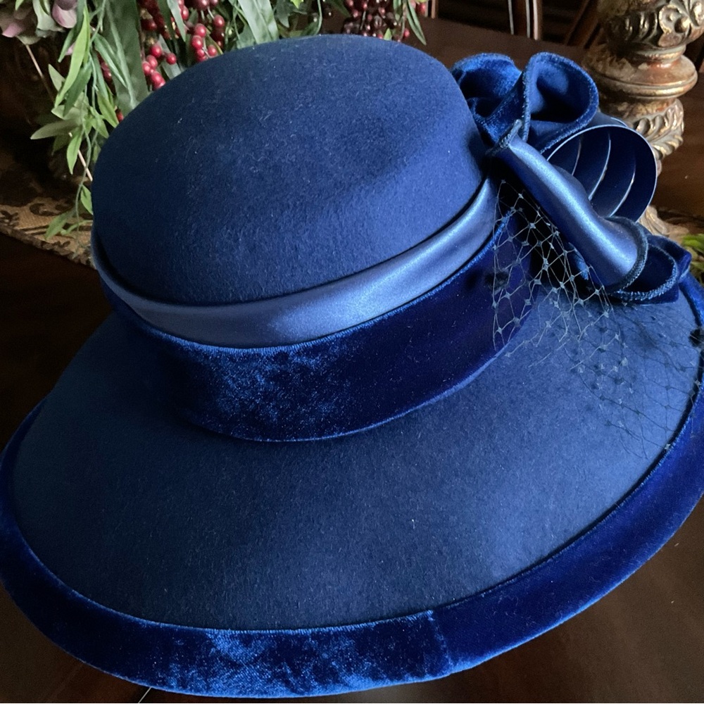 Lowliet Elegant Royal Blue Wool Women's Dress Hat with Satin Bow NEW - Picture 5 of 8